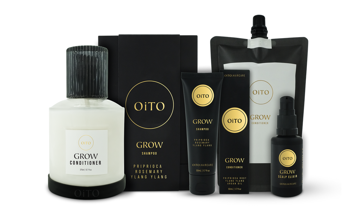 OiTO Haircare GROW collection products including conditioner, shampoo, and scalp elixir