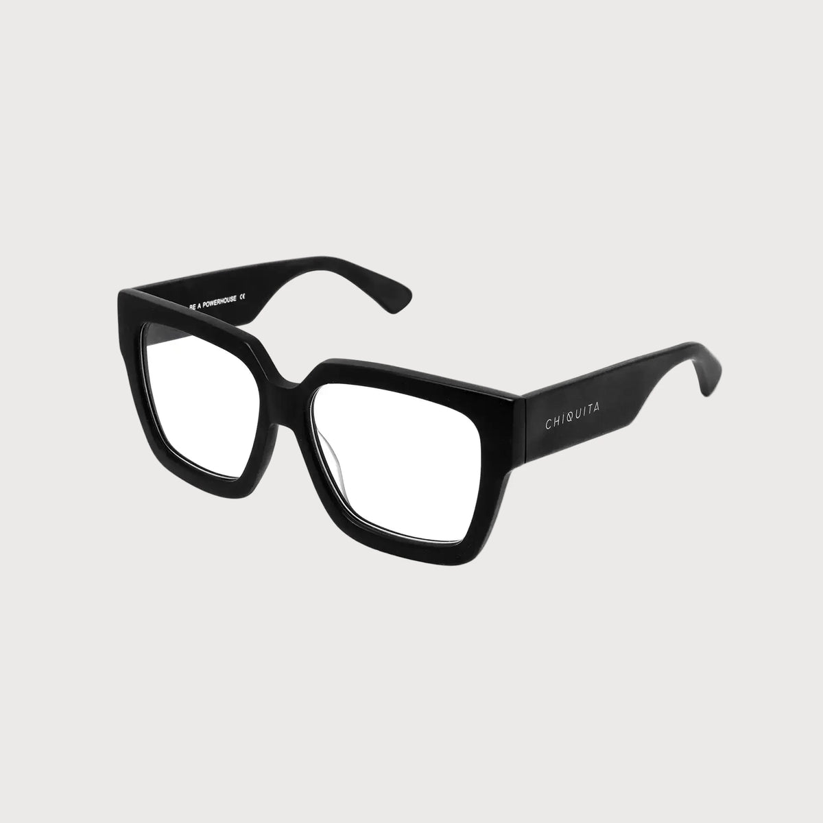 Black eyeglasses with 'CHIGGITA' branding on a white background