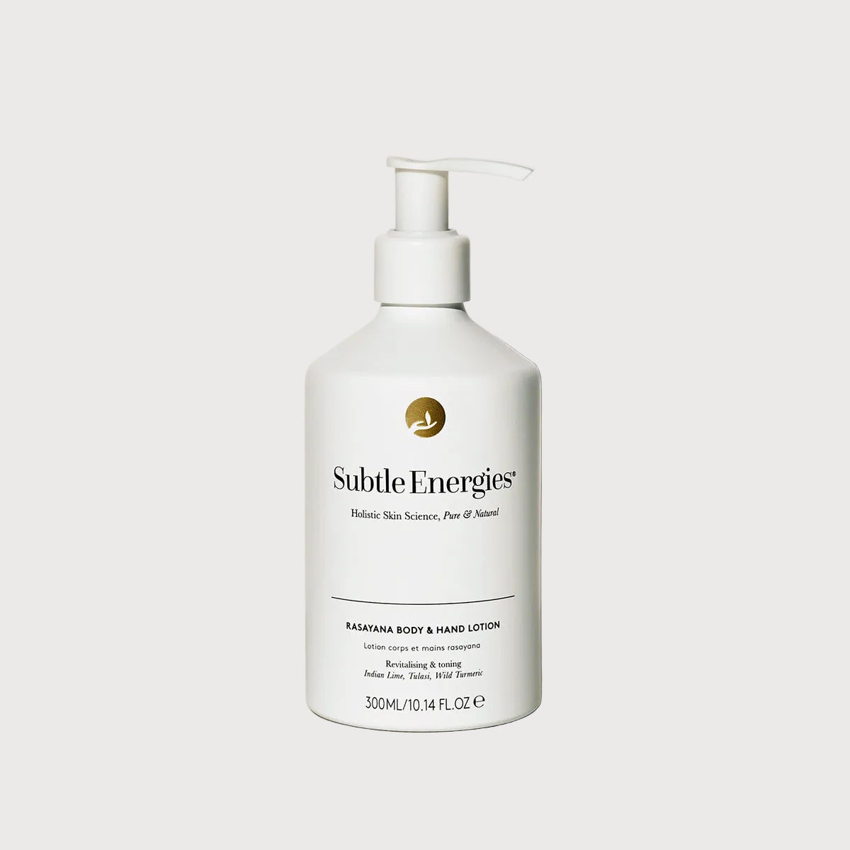 White bottle of Subtle Energies cleanser on a light background