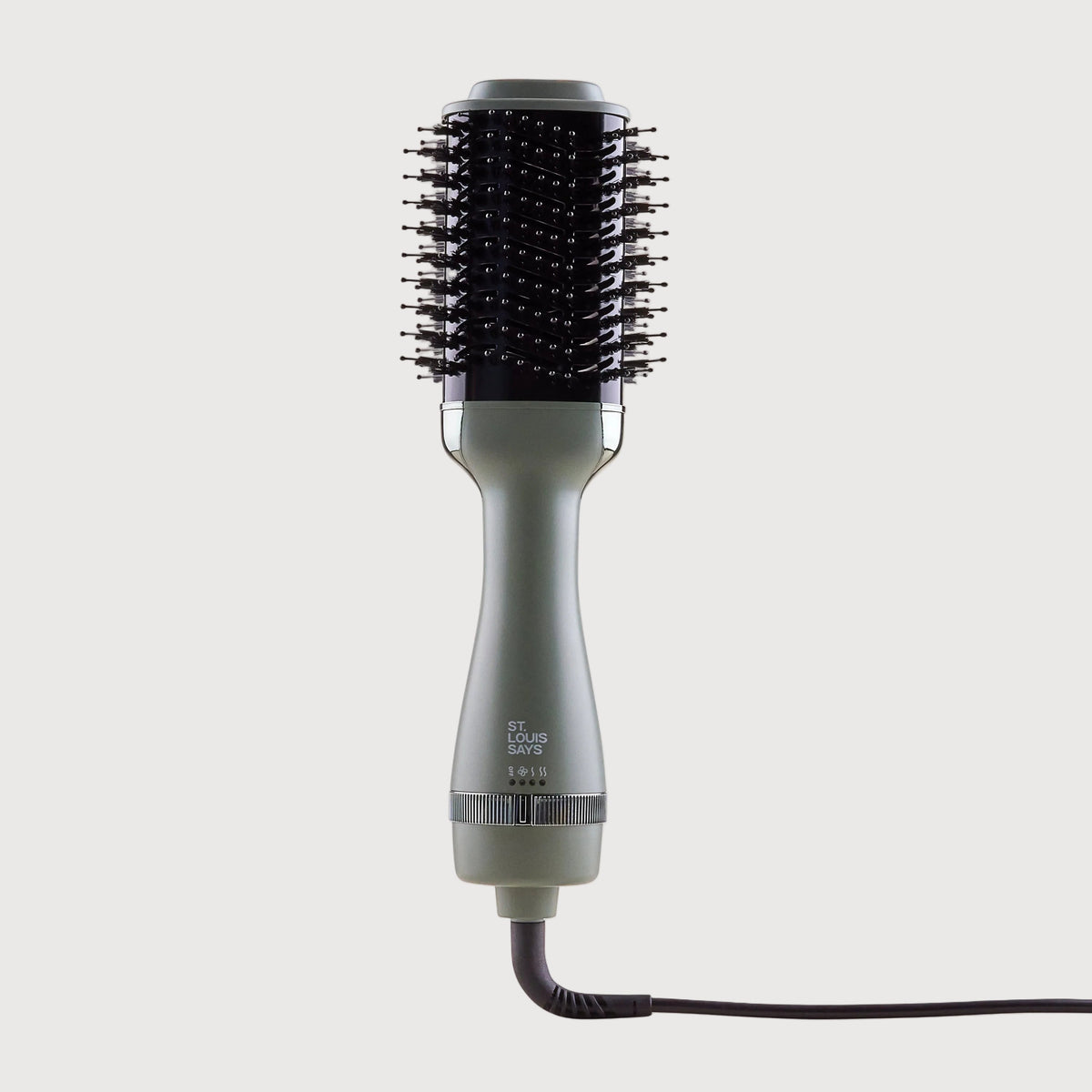 Hair dryer with brush attachment on a white background