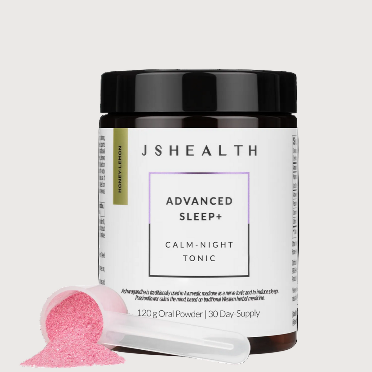 JS Health Advanced Sleep+ Calm Night Tonic jar with pink powder on a white background