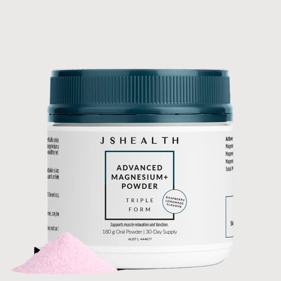 JS Health Advanced Magnesium+ Powder container with pink powder on a white background