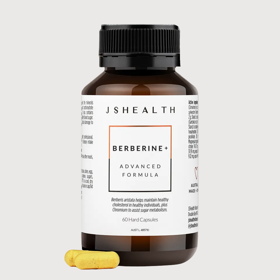 JS Health Berberine+ supplement bottle with capsules on a white background