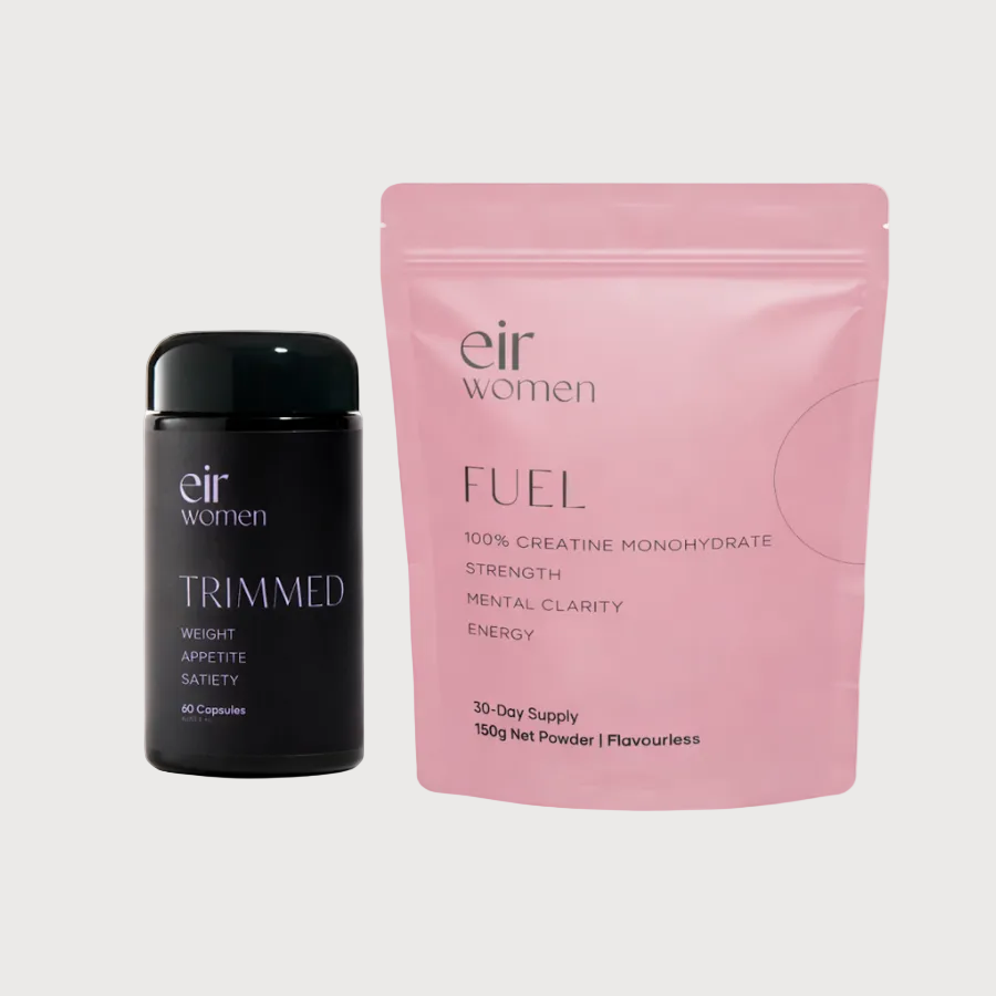 Black container labeled 'eir women TRIMMED' and pink package labeled 'eir women FUEL' on a white background