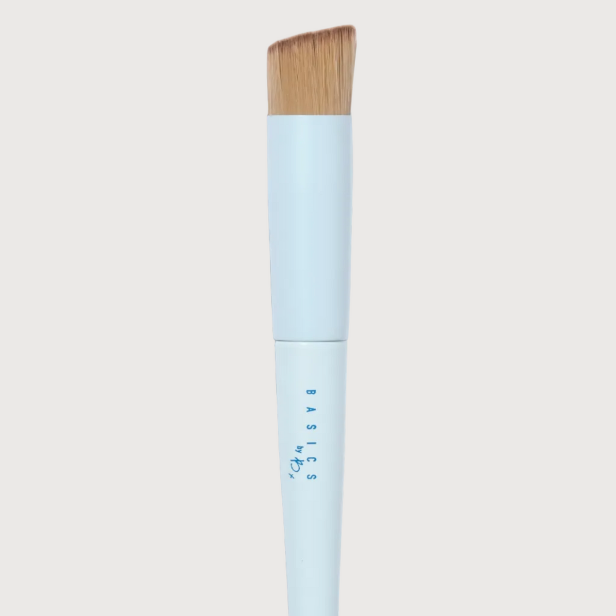 Makeup brush with a light blue handle and brown bristle head on a white background