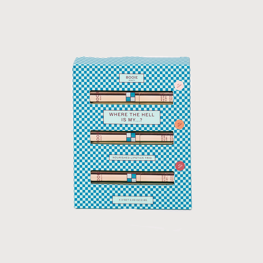 Lipstick set packaging with blue checkered design on a white background