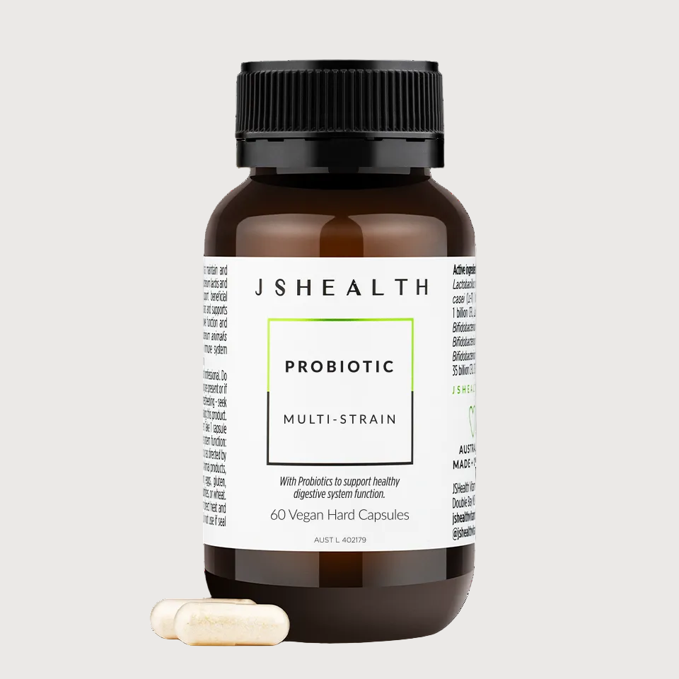 JS Health probiotic bottle with capsules on a white background