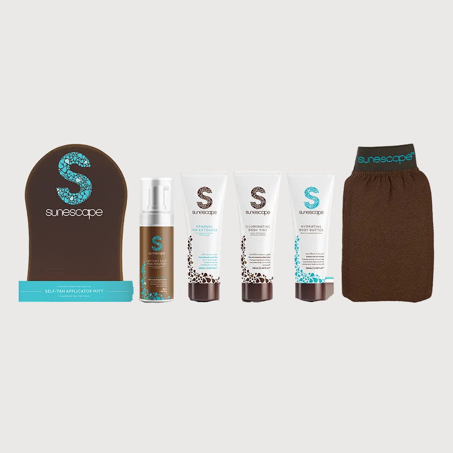 Sunescape skincare and beauty product set on a white background