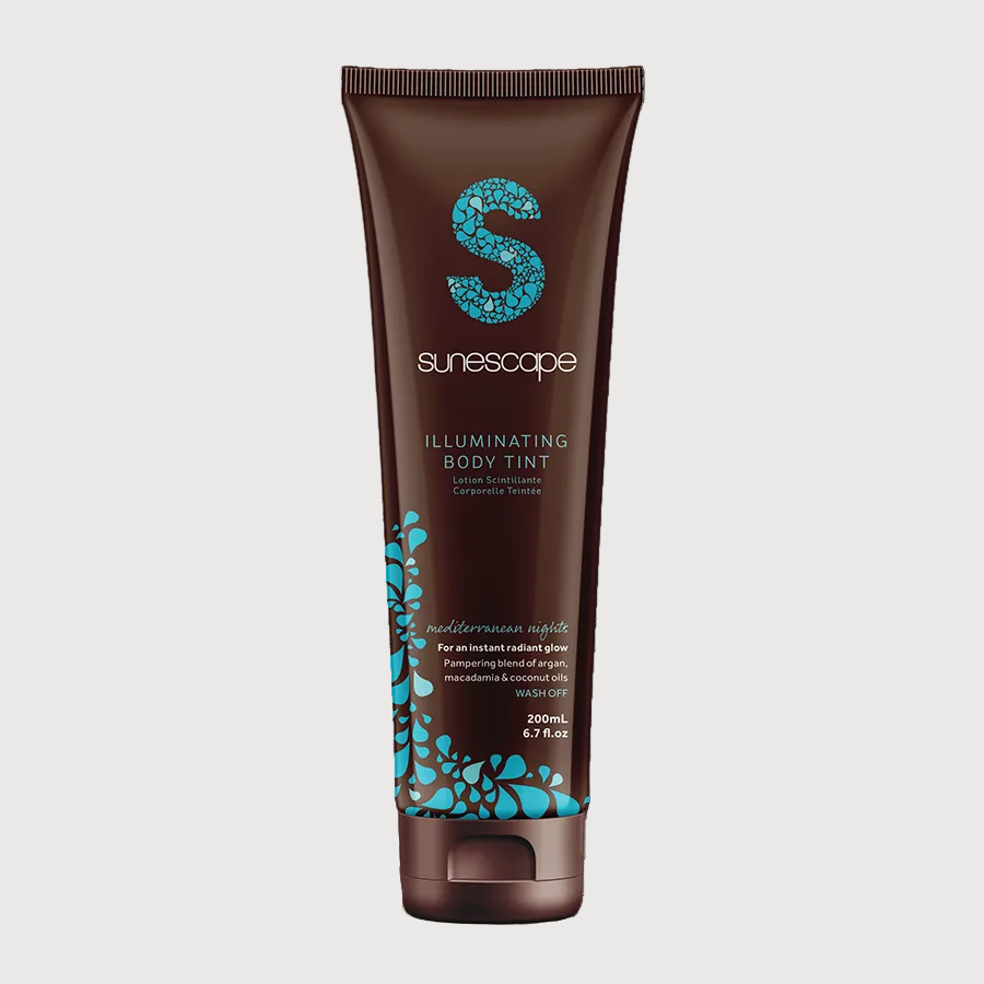 Sunescape Illuminating Body Tint tube with brown and blue design on a white background