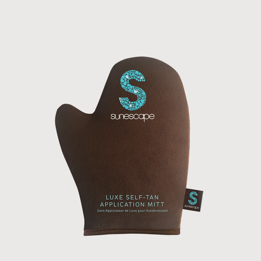 Sunescape luxe self-tan application mitt packaging on a light blue background
