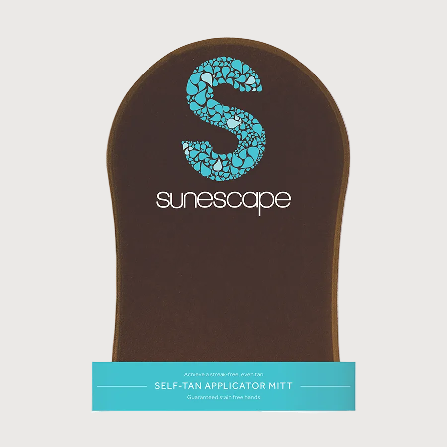Brown self-tan applicator mitt with blue 'S' logo on a white background