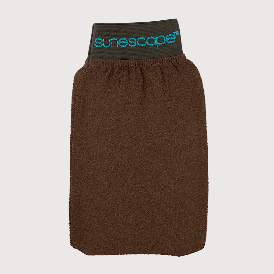 Brown fleece mitt with 'sunescape' branding on a white background