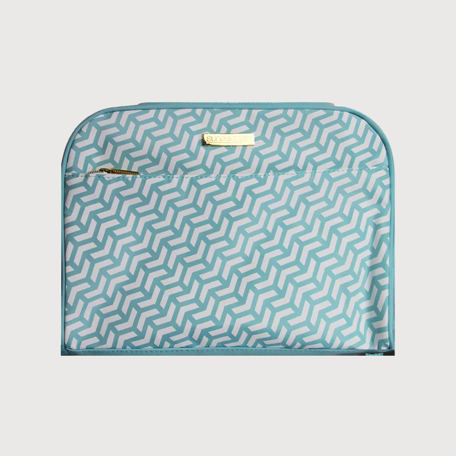 Teal and white geometric patterned pouch on a white background
