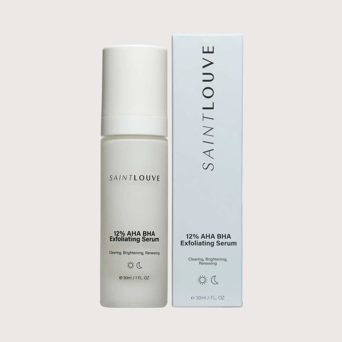 Saint Louve 12% AHA BHA Exfoliating Serum bottle and packaging on a white background