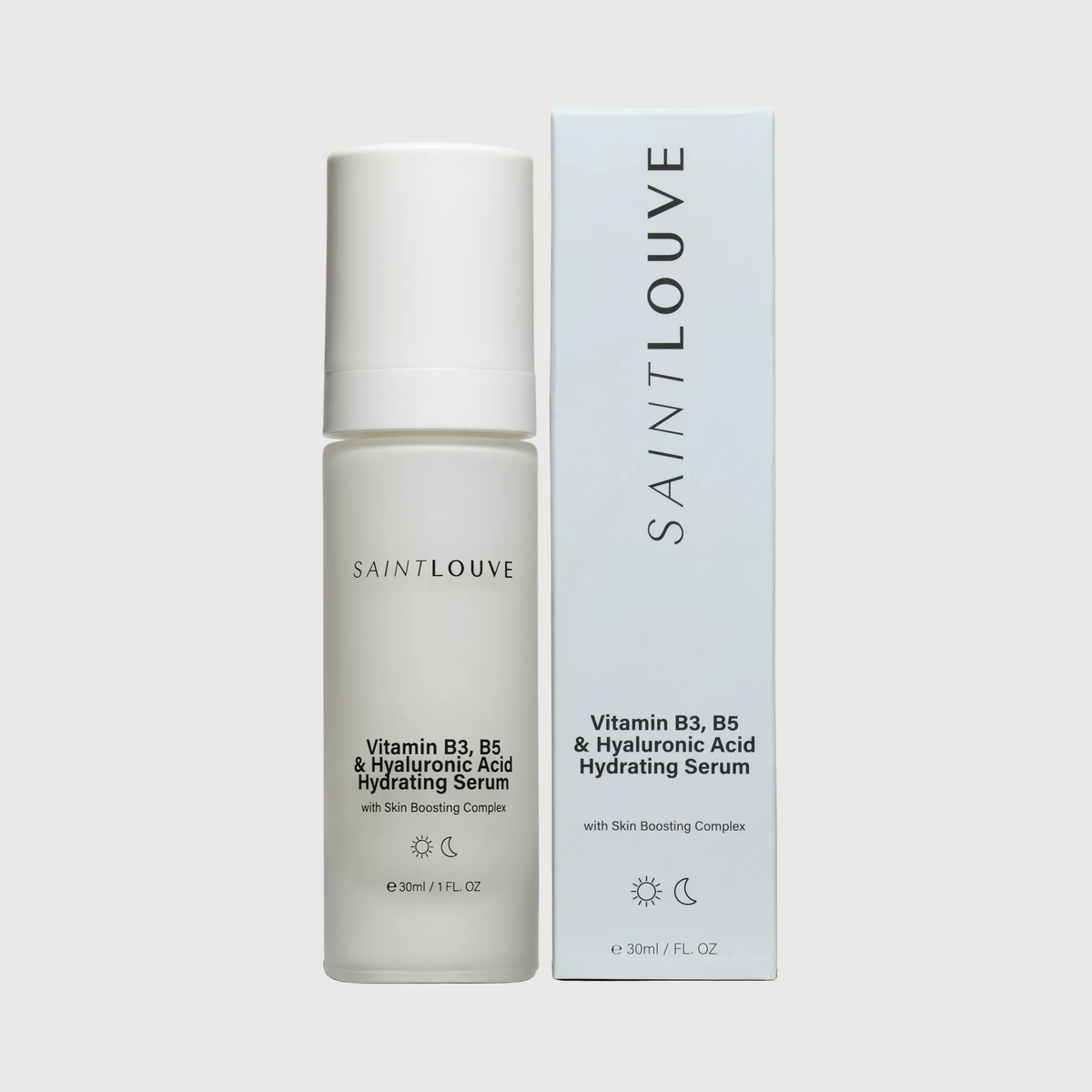 Saint Louve Vitamin B3, B5 & Hyaluronic Acid Hydrating Serum with packaging on a white background