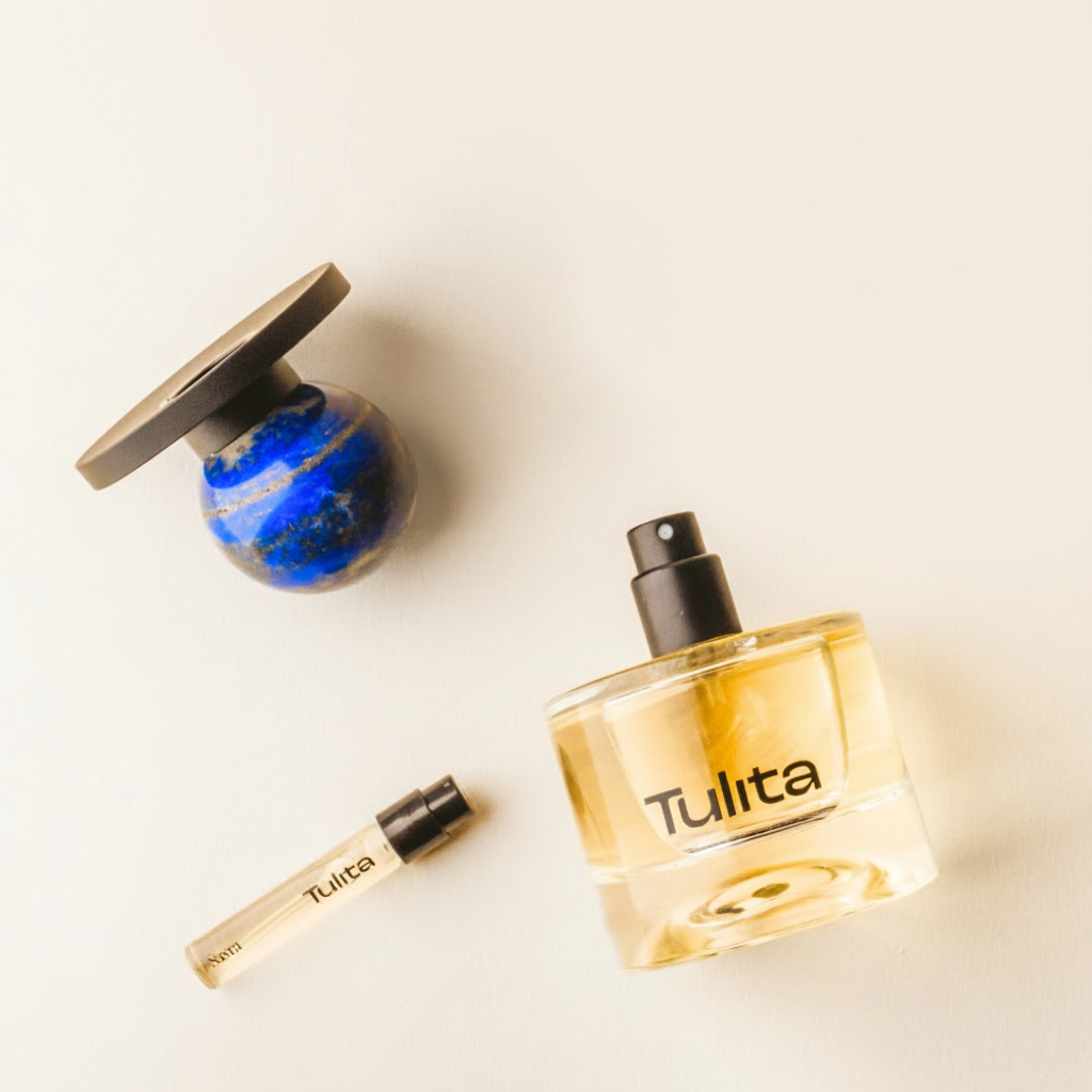 Tulita perfume bottle with cap and sample on a light background
