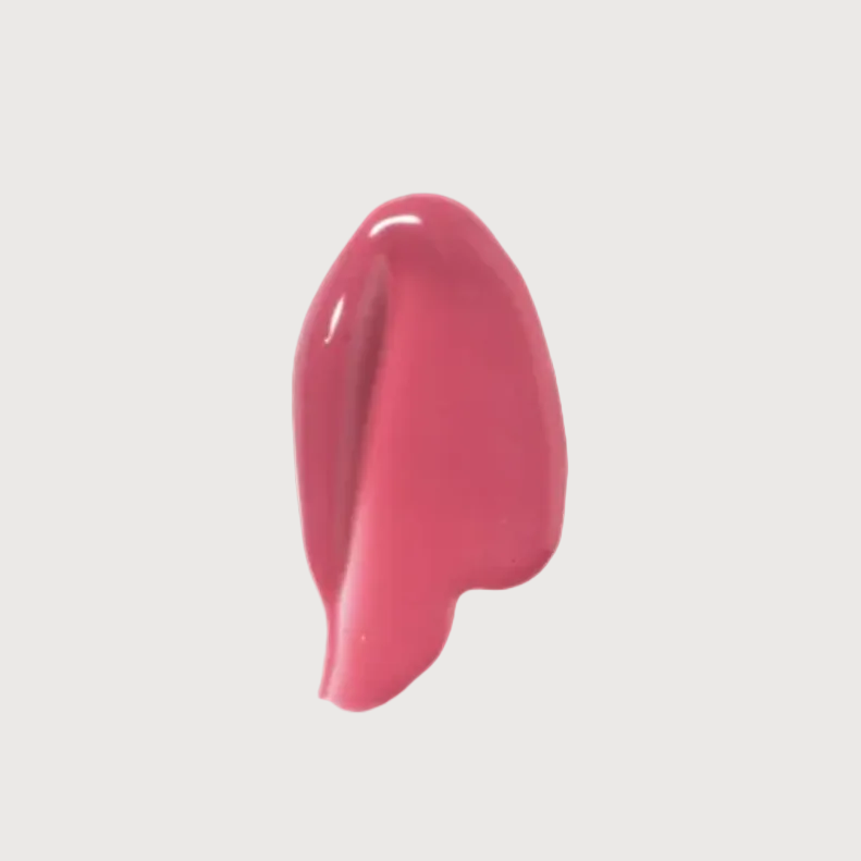 Lip gloss with light blue cap and pink shade on white background