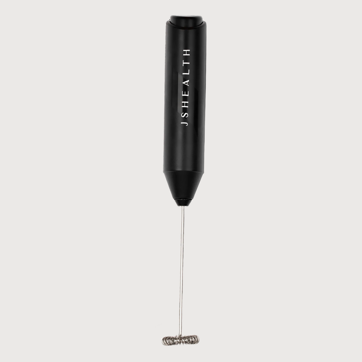 Black handheld milk frother with 'JSHealth' branding on a white background
