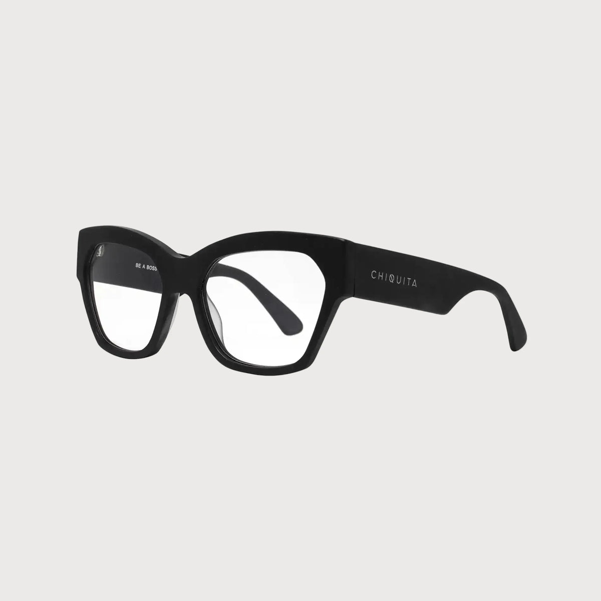 Black eyeglasses with 'CHIQUITA' branding on a white background