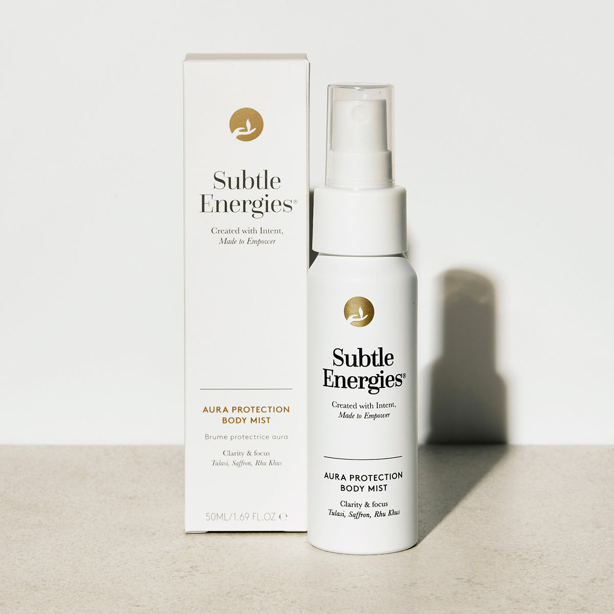 Subtle Energies Aura Protection Body Mist with packaging on a light background