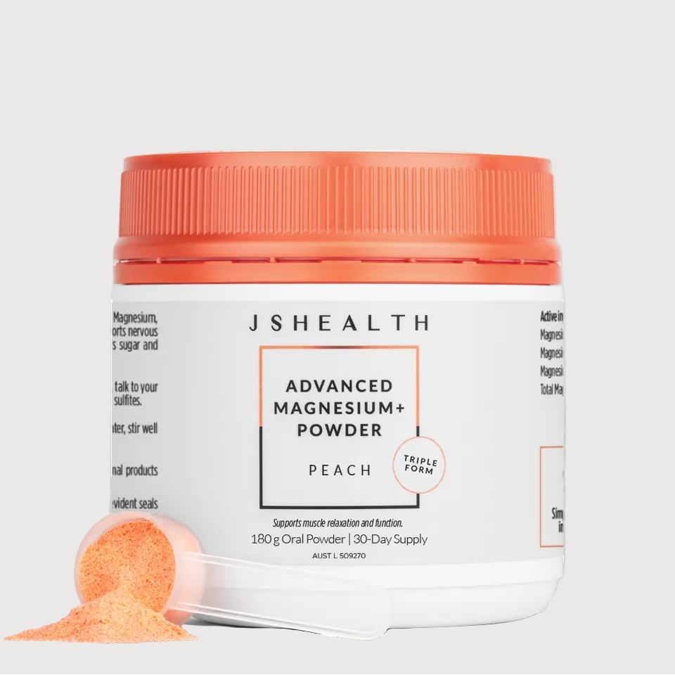 JS Health Advanced Magnesium Powder container with peach flavor on a white background