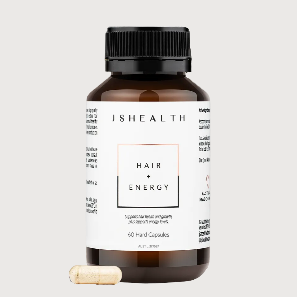 JSHealth hair and energy supplement bottle with a capsule on a white background