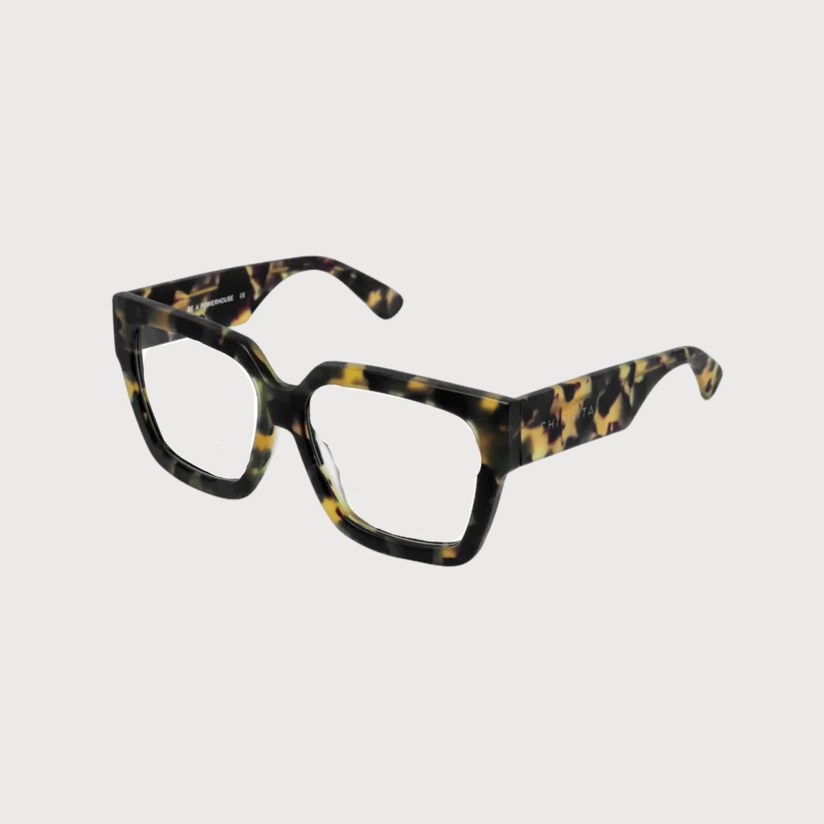 Black eyeglasses with 'CHIGGITA' branding on a white background