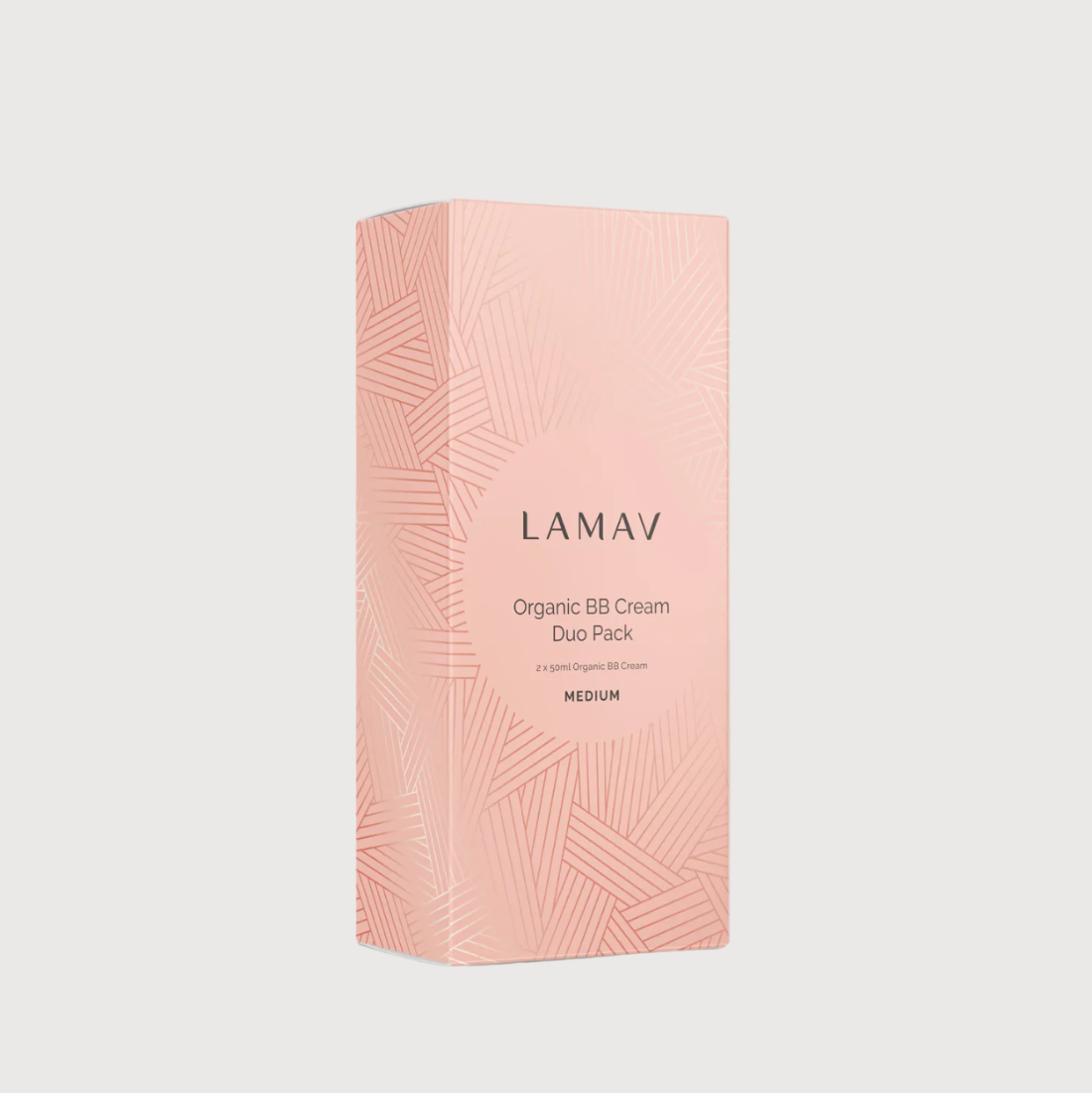 Pink packaging of LAMAV Organic BB Cream Duo Pack on a light gray background