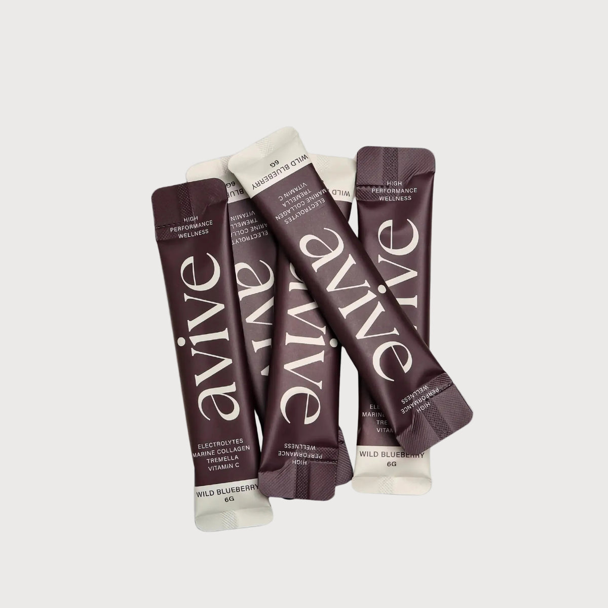 Avive sachets with benefits listed on a light blue background