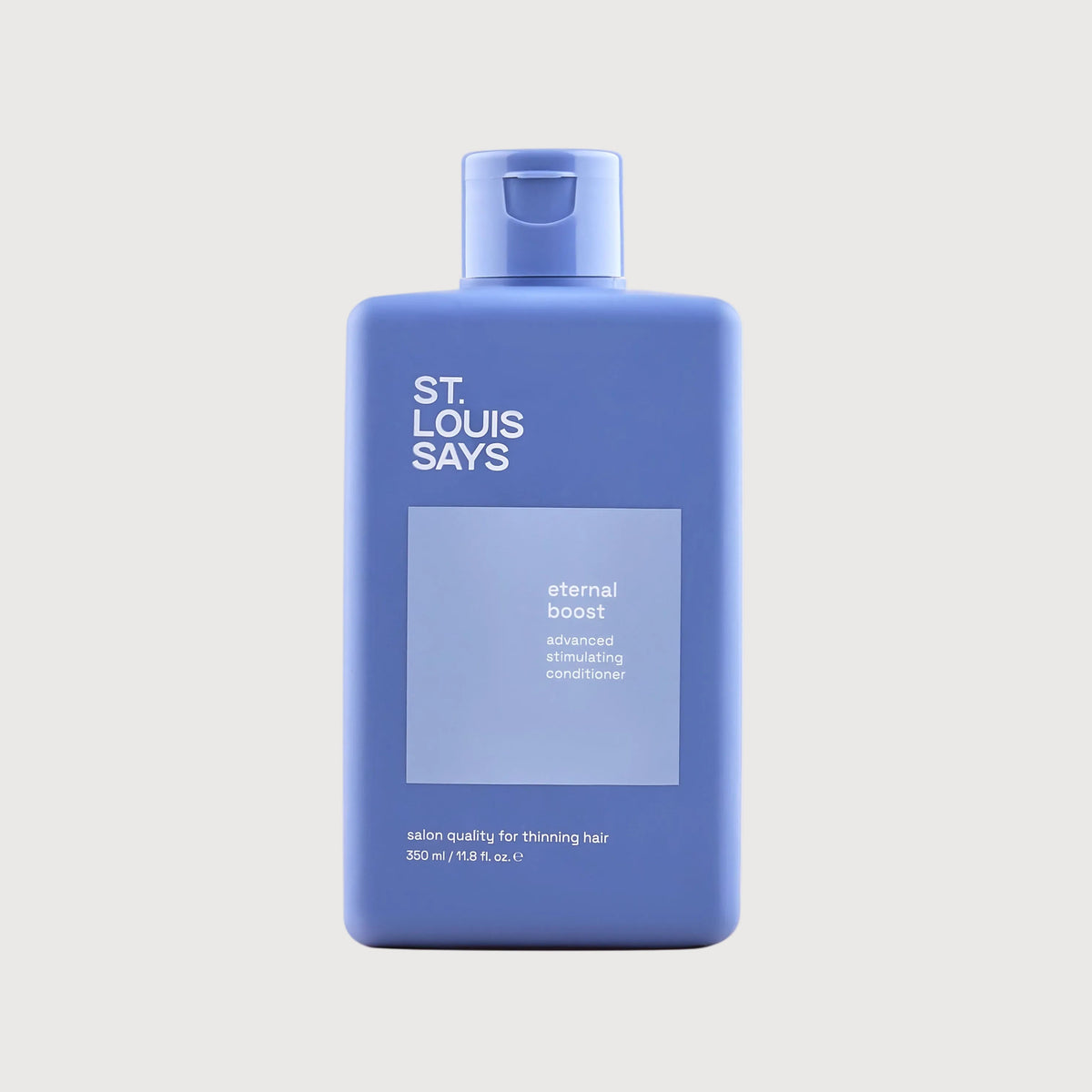 Blue bottle of 'St. Louis Says Eternal Boost' on a light gray background