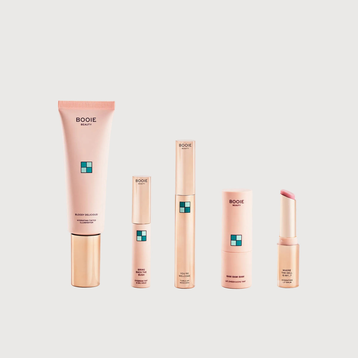 Set of Boogie Beauty skincare products on a light gray background
