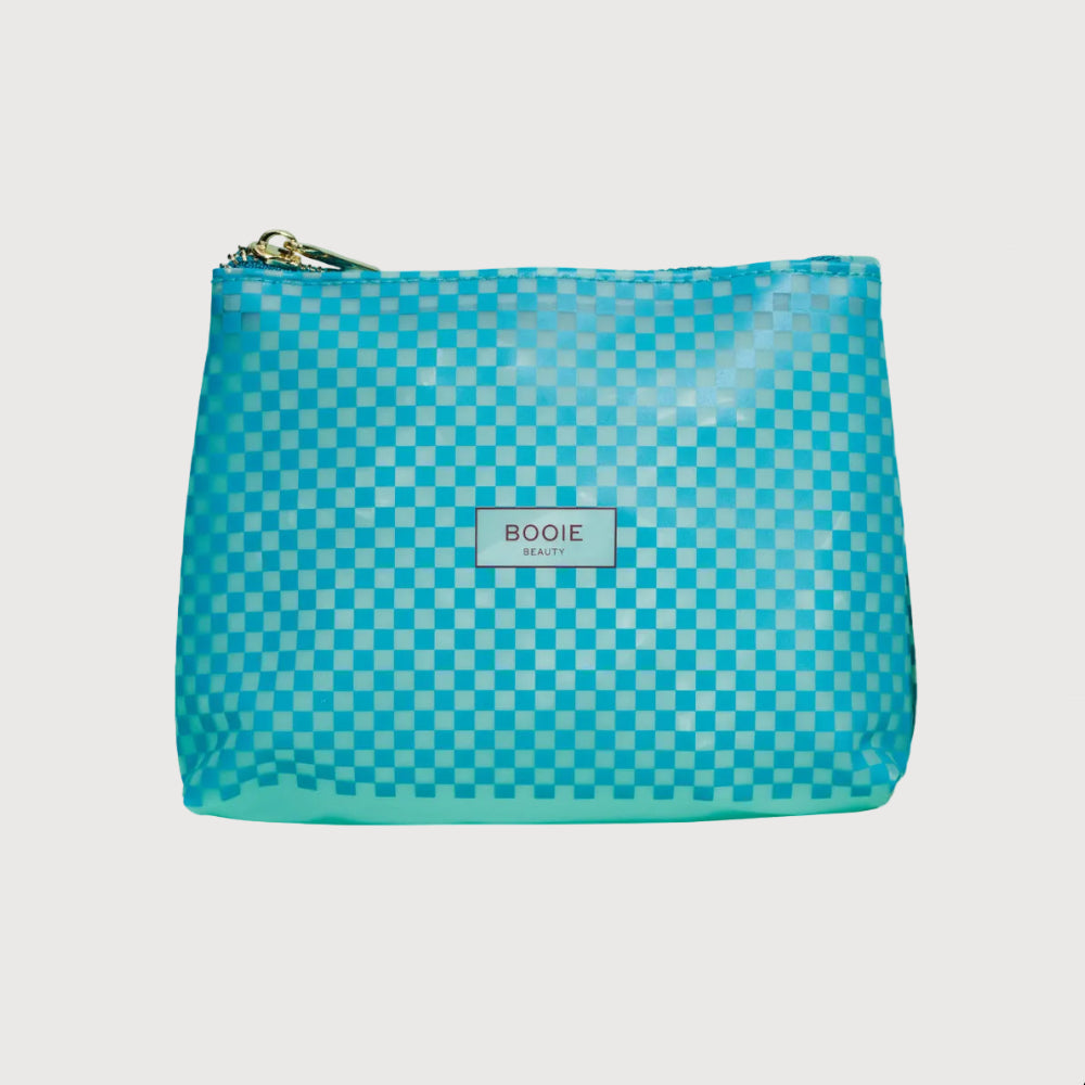 Blue checkered pouch with 'BOOIE BEAUTY' label on a white background