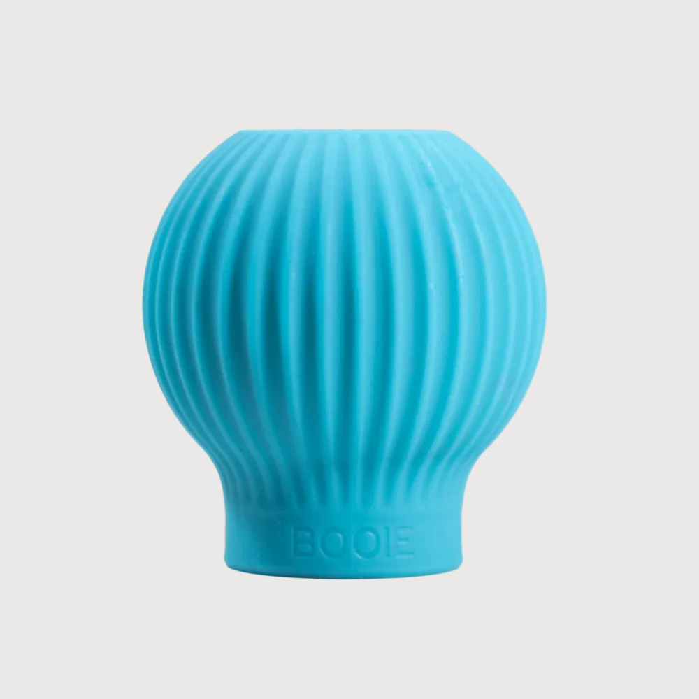 Blue silicone product with 'BOOIE' branding on a white background