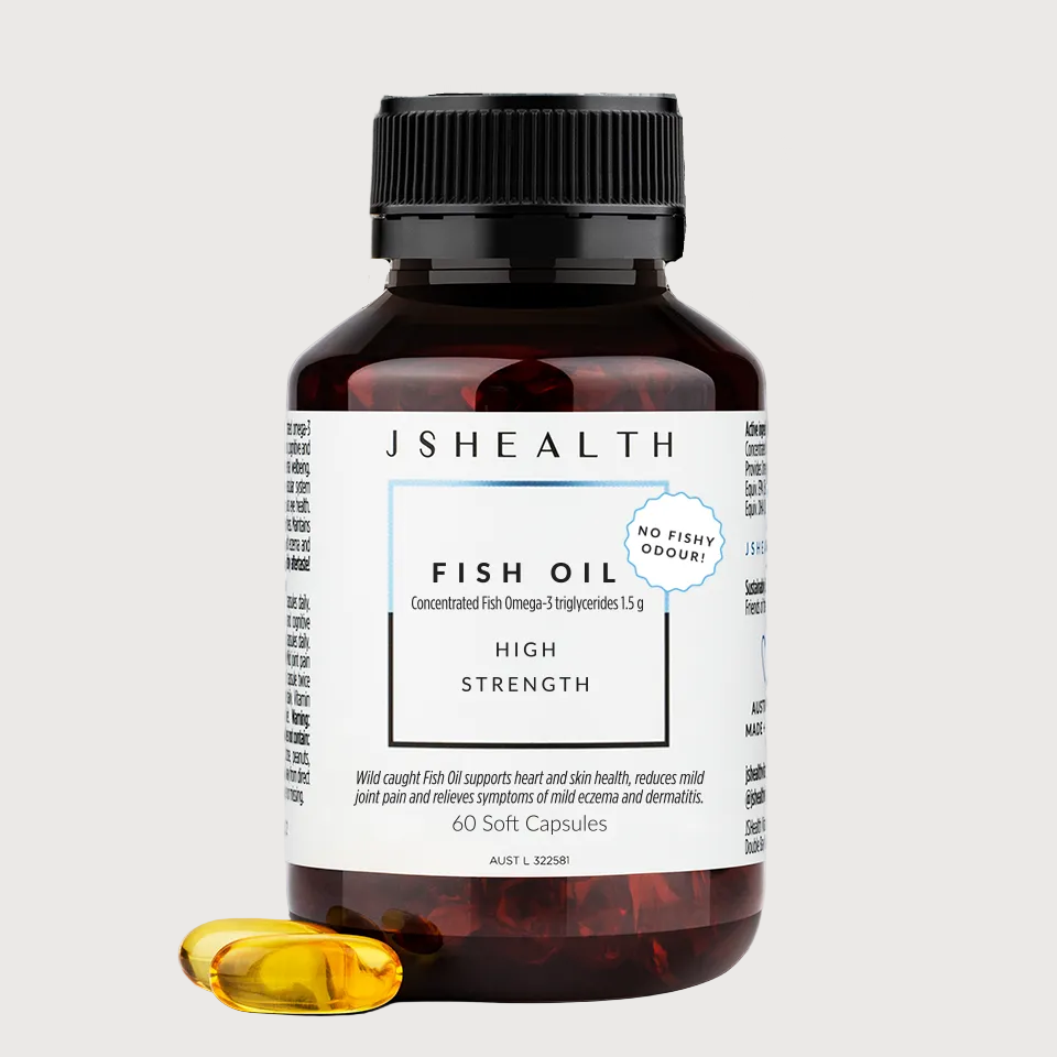 JSHealth Fish Oil supplement bottle with a pill on a white background