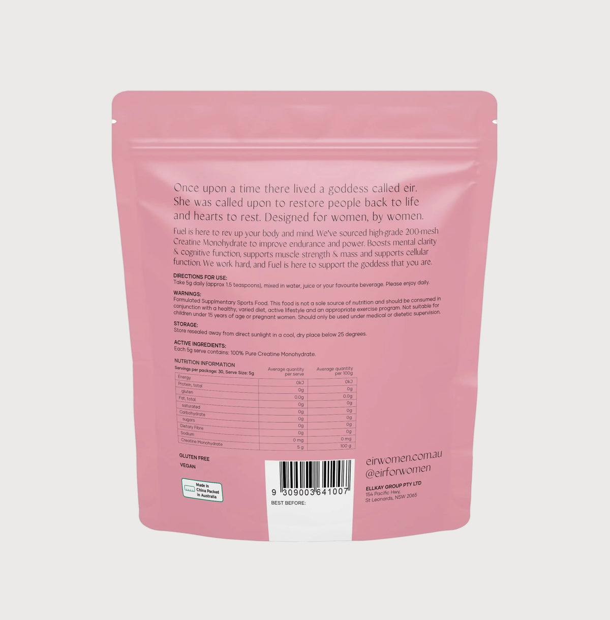 Pink package with text and a barcode on a white background