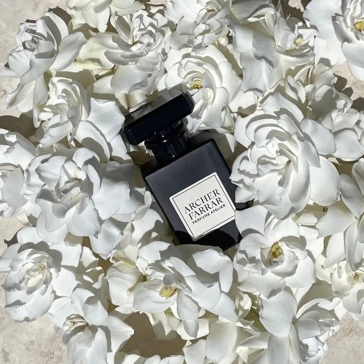 Perfume bottle on a bed of white flowers