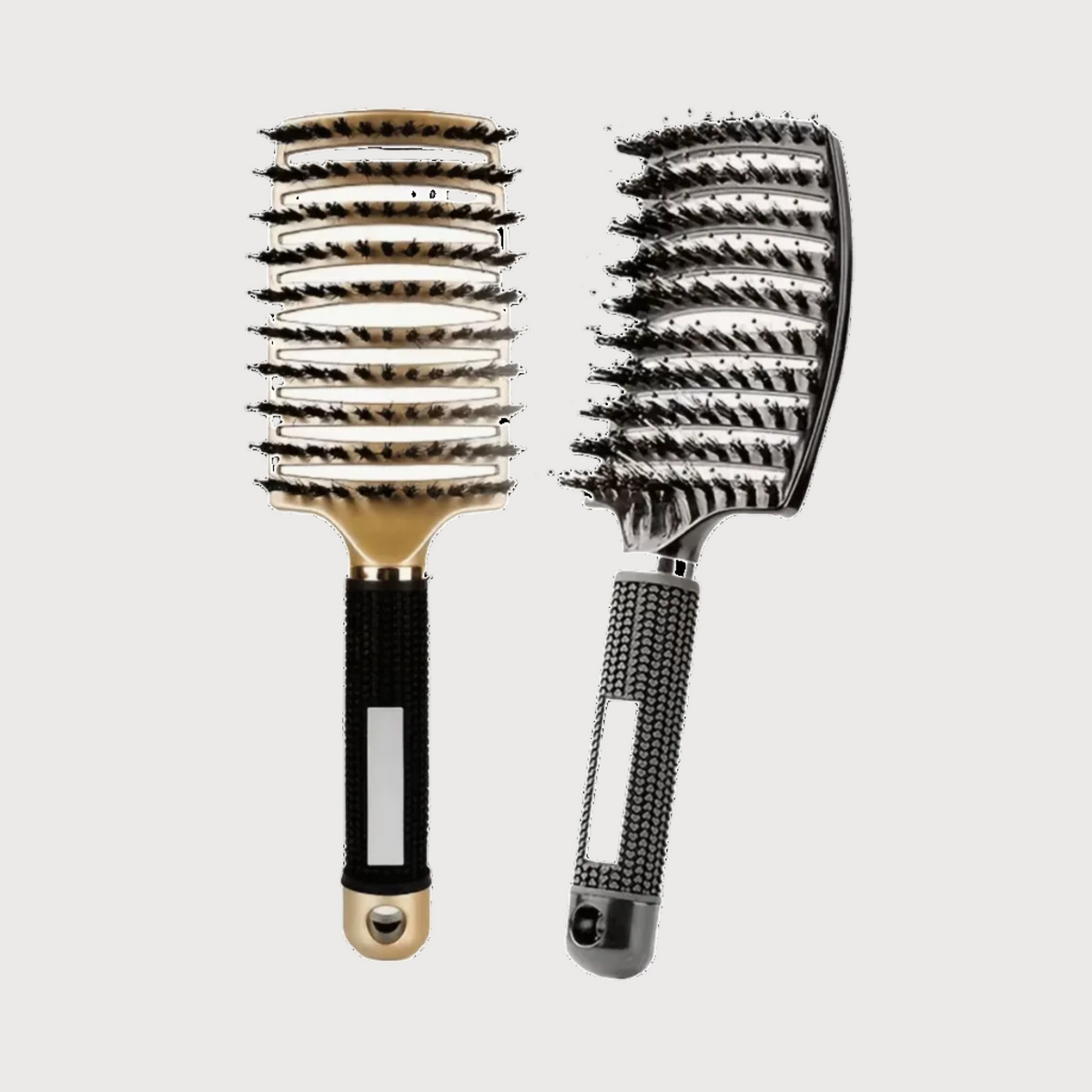 Two hairbrushes with black and gold handles on a white background