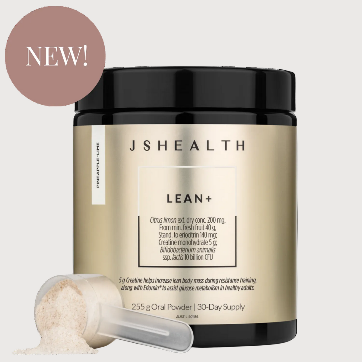 JSHealth Lean+ supplement container with scoop on a white background