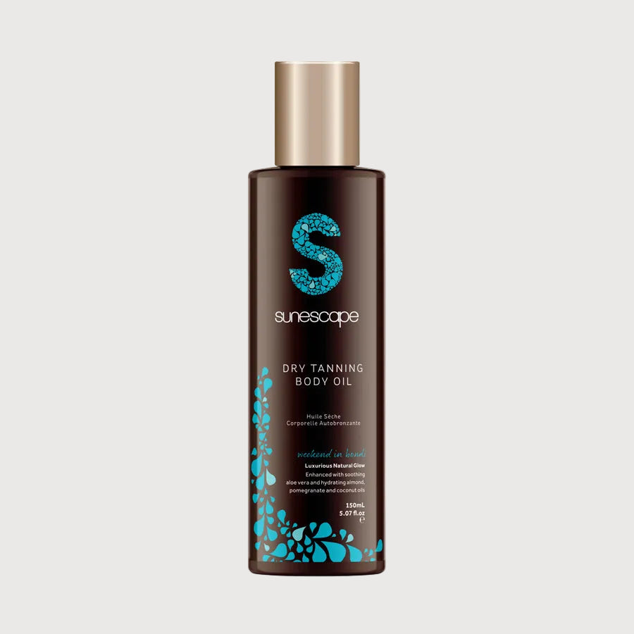 Sunescape dry tanning body oil bottle on a white background