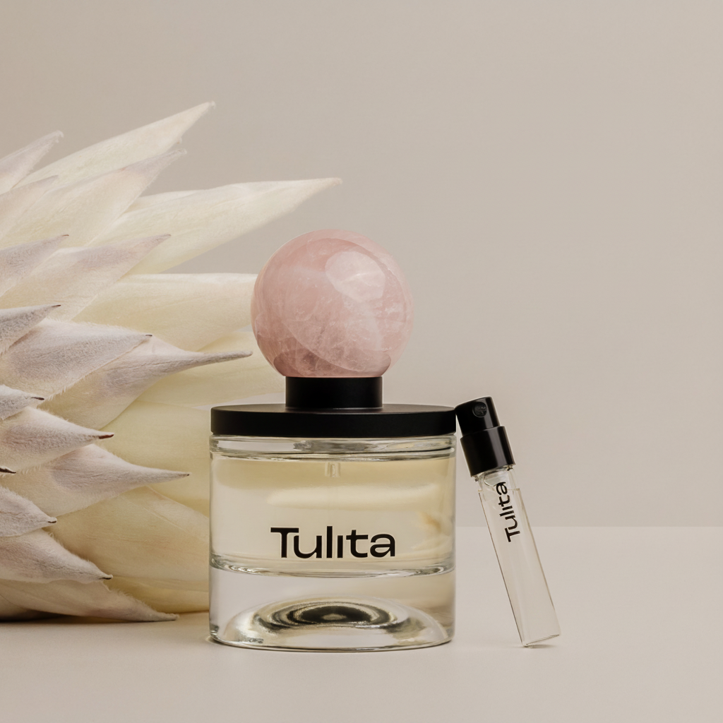 Tulita perfume bottle with a smaller sample bottle and decorative elements on a neutral background.