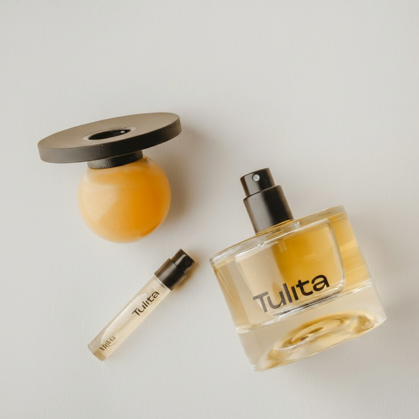 Tulita perfume bottle with a smaller sample bottle and a pump on a light background.