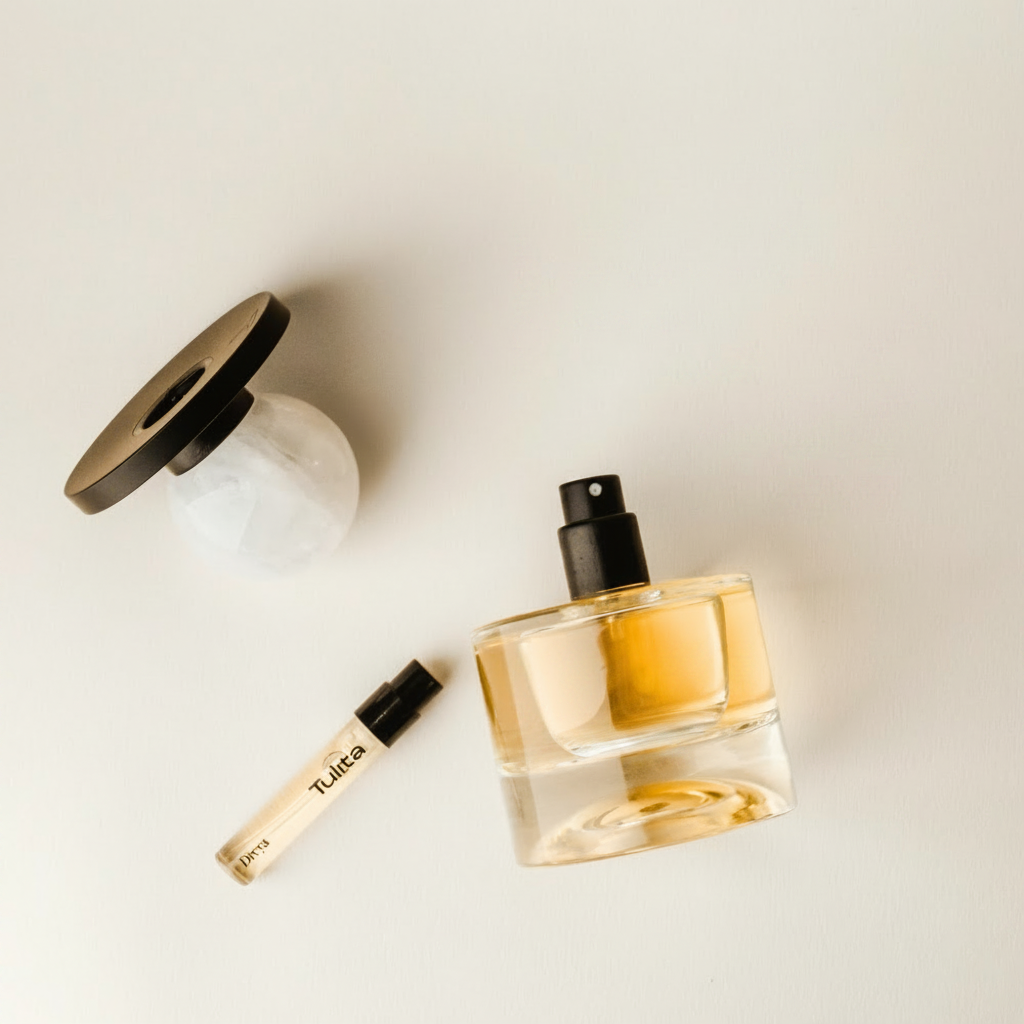 Tulita perfume bottle with a smaller sample bottle on a light background