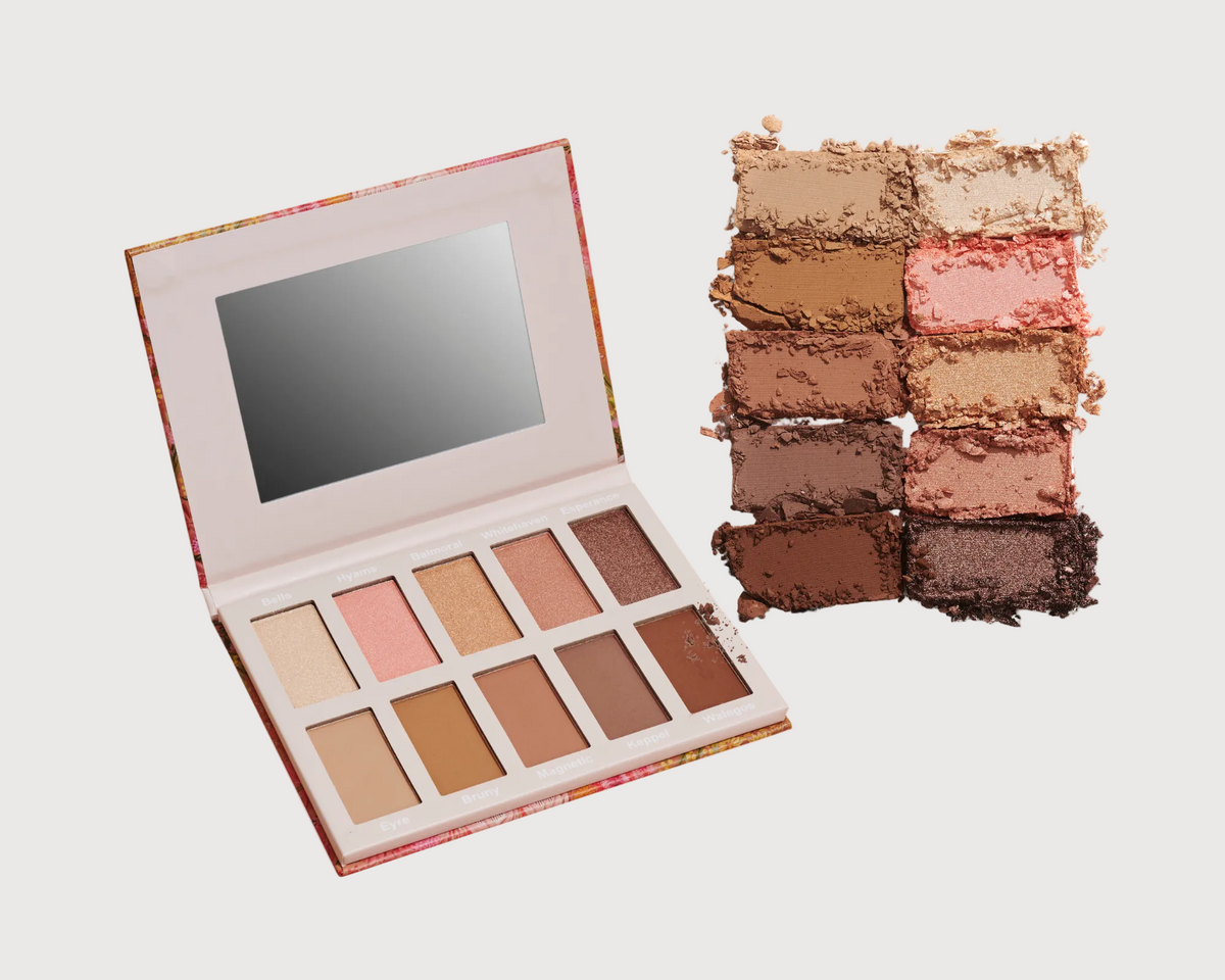 Makeup palette with a mirror and eyeshadow swatches on a white background