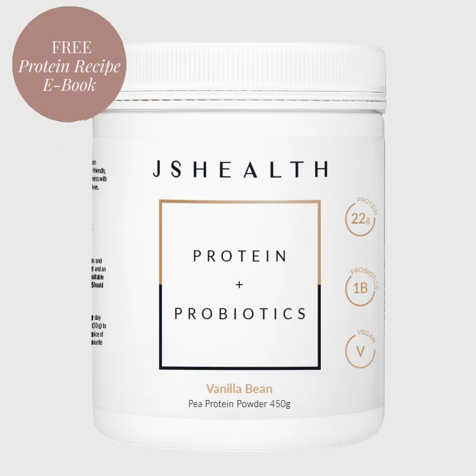 JS Health protein powder container with vanilla cream flavor on a white background