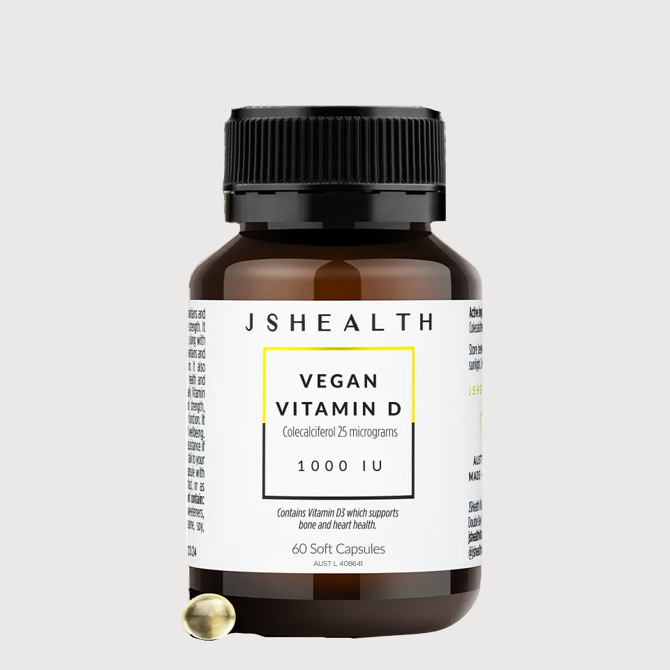 Vegan Vitamin D supplement bottle with label on a white background