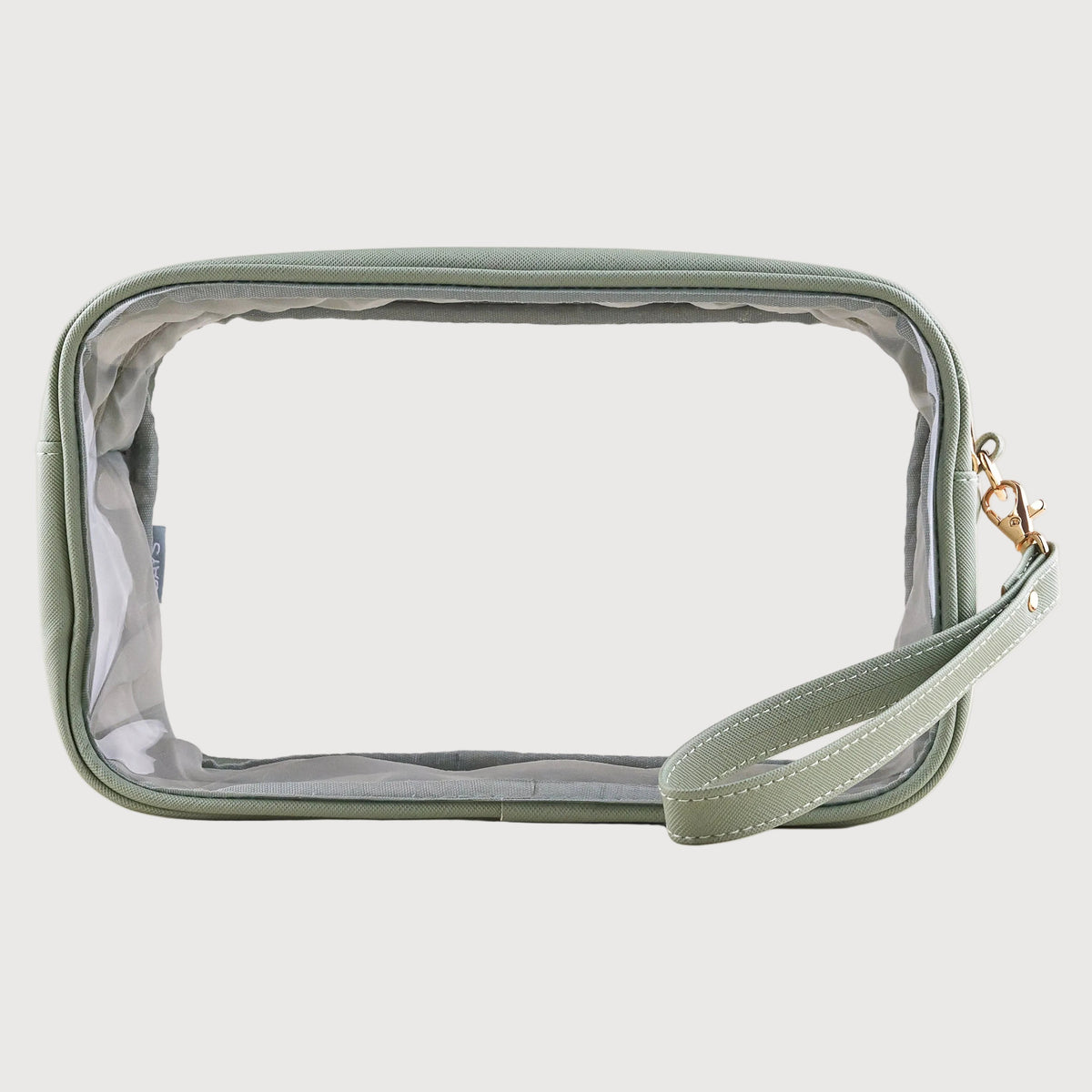 Clear pouch with a strap on a light gray background