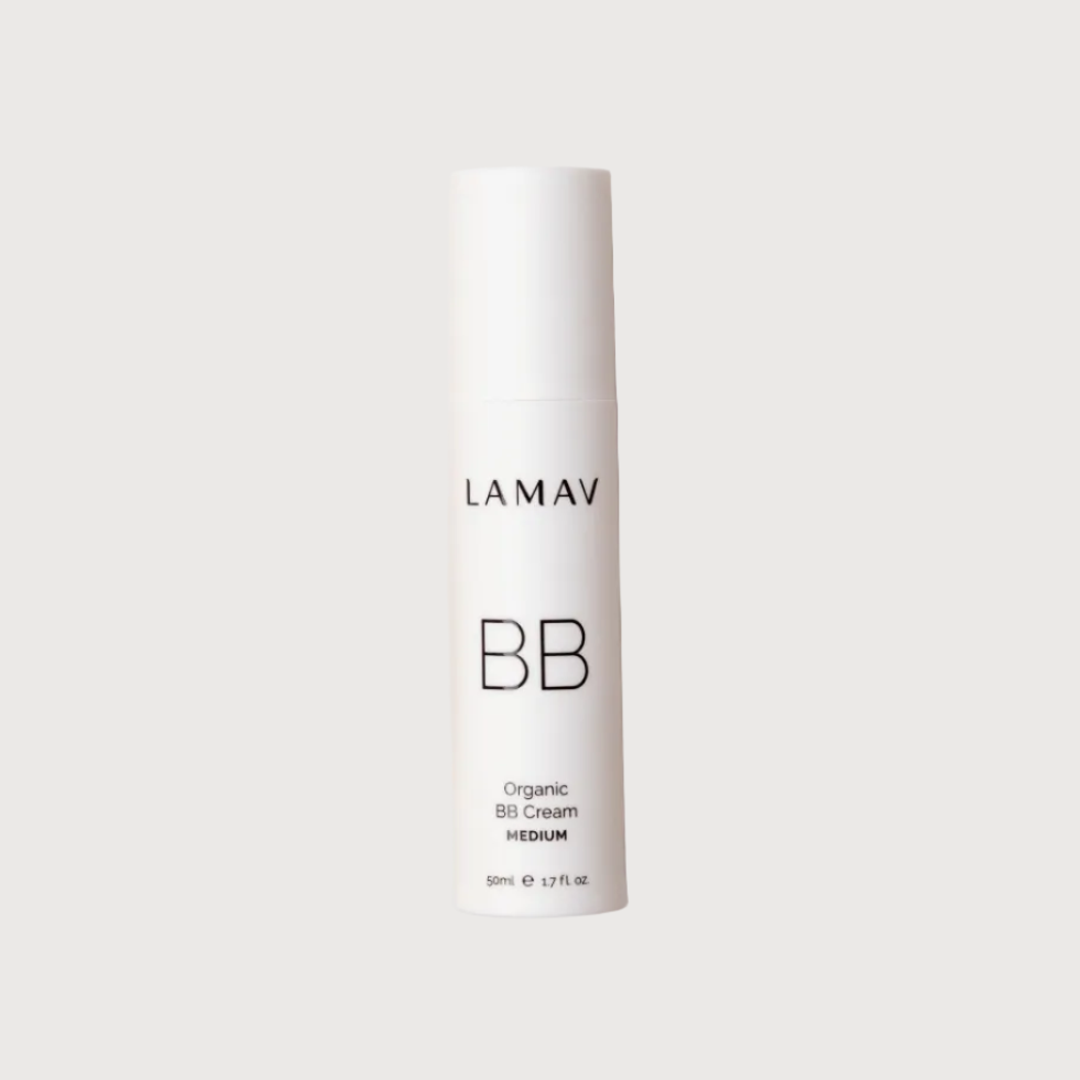 LAMAV BB cream tube with a swatch on a beige background