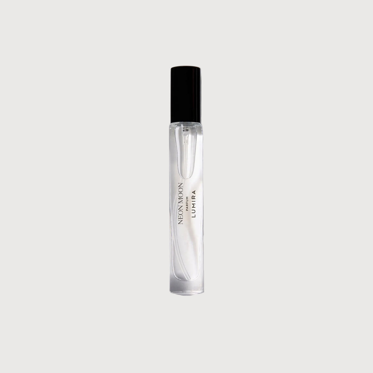 Perfume bottle with black cap on a white background